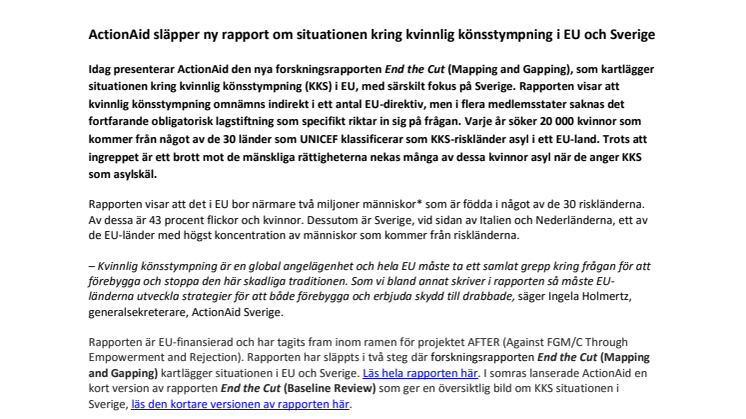  ActionAid släpper ny rapport om situationen kring kvinnlig könsstympning i EU och Sverige