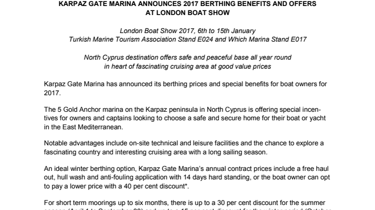 London Boat Show - Karpaz Gate Marina: Karpaz Gate Marina Announces 2017 Berthing Benefits and Offers at London Boat Show