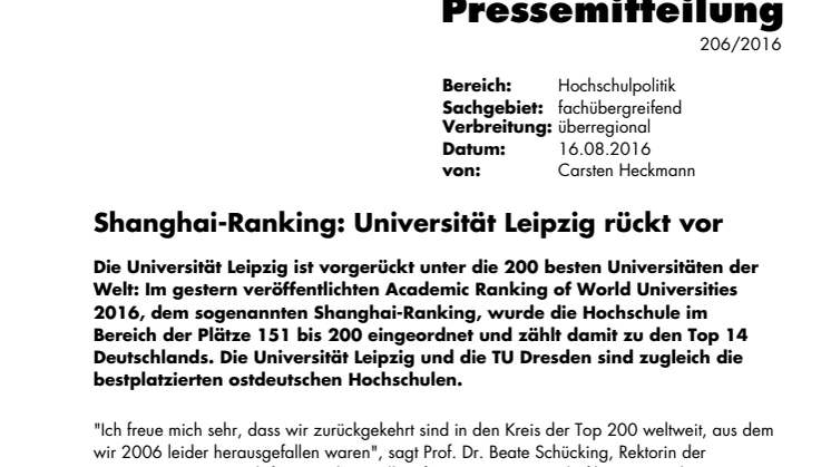 Shanghai Ranking: Universität Leipzig rückt vor
