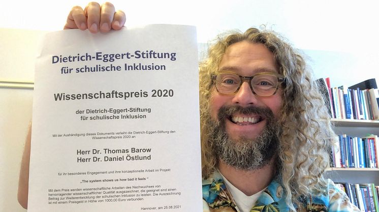 Daniel Östlund och forskarkollegan Thomas Barow har fått vetenskapspriset 2020 av tyska Dietrich Eggert Stiftung für schulische Inklusion.