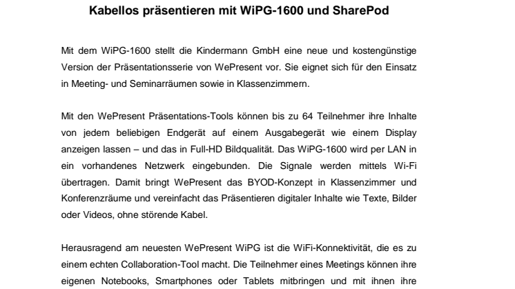 Kabellos präsentieren mit WiPG-1600 und SharePod