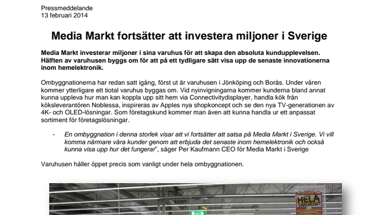 Media Markt fortsätter att investera miljoner i Sverige