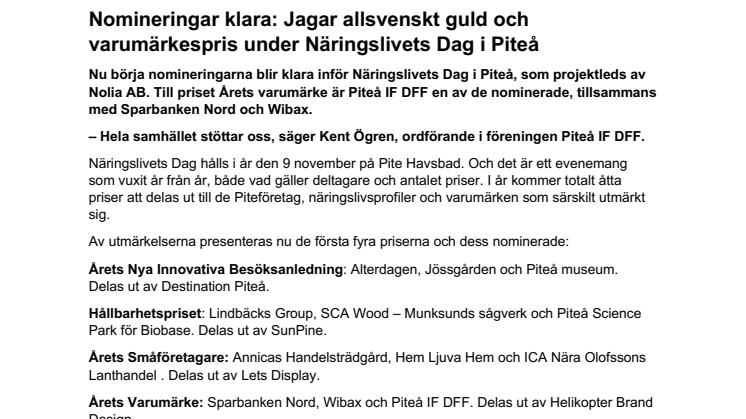 Nomineringar klara: Jagar allsvenskt guld och varumärkespris under Näringslivets Dag i Piteå