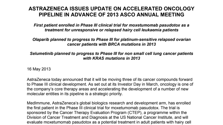 AstraZeneca meddelar uppdateringar av sin accelererade forskningsportfölj inom onkologi inför det årliga ASCO- mötet 2013