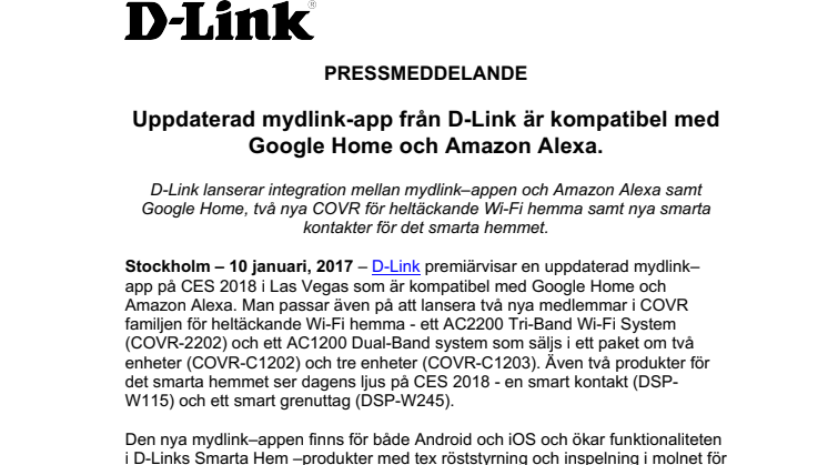 Uppdaterad mydlink-app från D-Link är kompatibel med Google Home och Amazon Alexa
