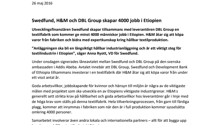 Swedfund, H&M och DBL Group skapar 4000 jobb i Etiopien