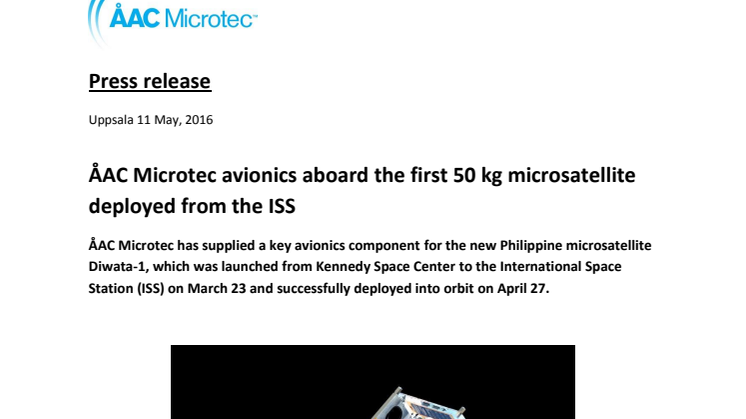ÅAC Microtec avionics aboard the first 50 kg microsatellite deployed from the ISS