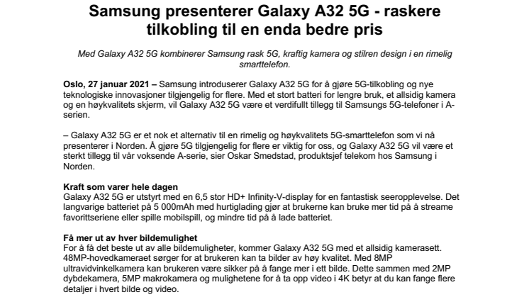 Samsung presenterer Galaxy A32 5G - raskere tilkobling til en enda bedre pris