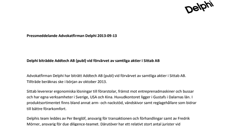 Delphi biträdde Addtech AB (publ) vid förvärvet av samtliga aktier i Sittab AB
