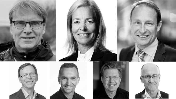 Ligna Energys styrelse. Övre raden: nytillkomna ledamöter Ulf Troedsson, Mari Broman, Magnus Wikström. Nedre raden: Hans Hentzell, Magnus Berggren, Mattias Josephson, Leif Ljungqvist