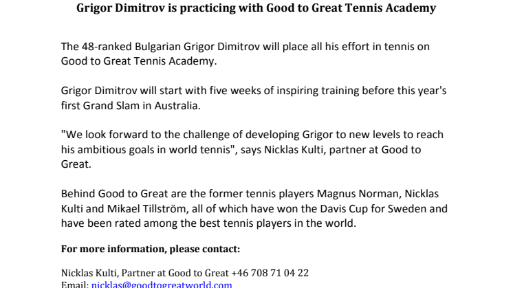 Grigor Dimitrov tränar med Good to Great Tennis Academy