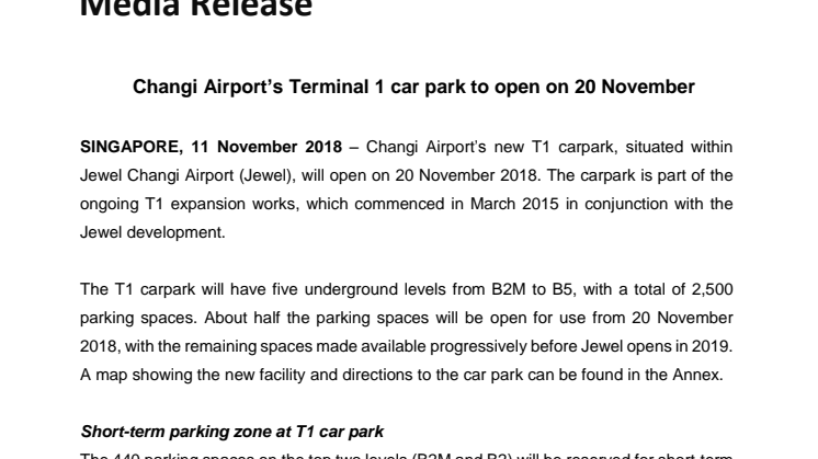 Changi Airport’s Terminal 1 car park to open on 20 November