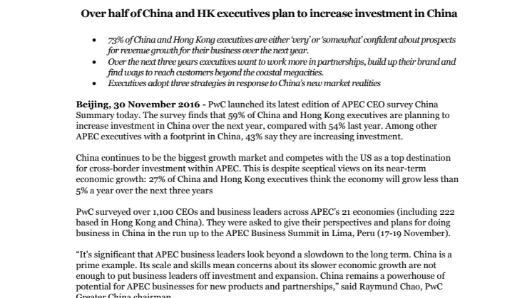 Over half of China and HK executives plan to increase investment in China 