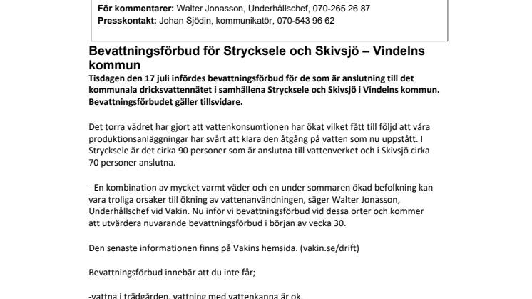 Bevattningsförbud för Strycksele och Skivsjö – Vindelns kommun