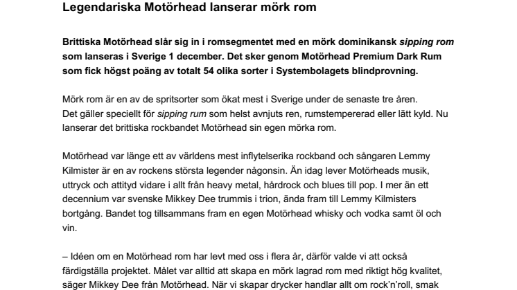 Legendariska Motörhead lanserar en premium rom i Systembolagets fasta sortiment 1 december
