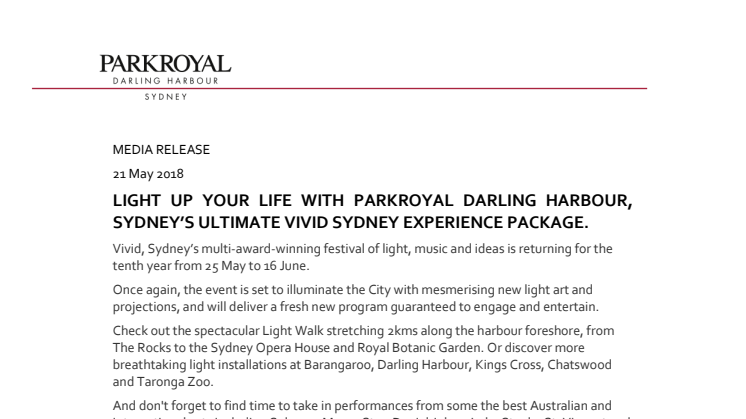 Light Up Your Life with PARKROYAL Darling Harbour, Sydney's Ultimate VIVID Sydney Experience Package