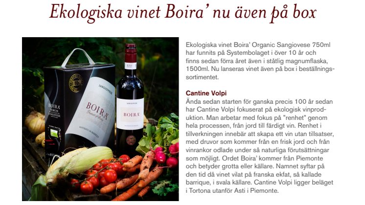Ekologiska vinet Boira' nu på box