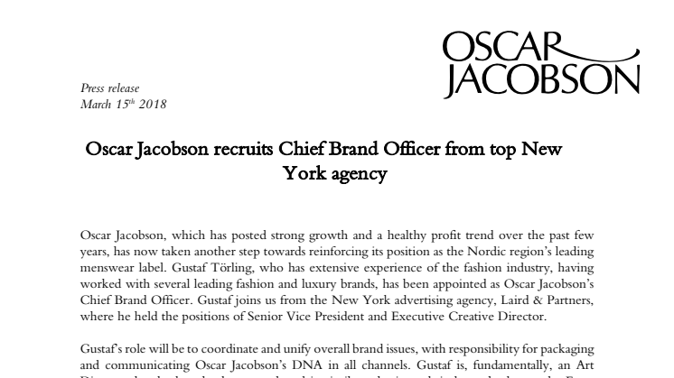 Oscar Jacobson recruits Chief Brand Officer from top New York agency 