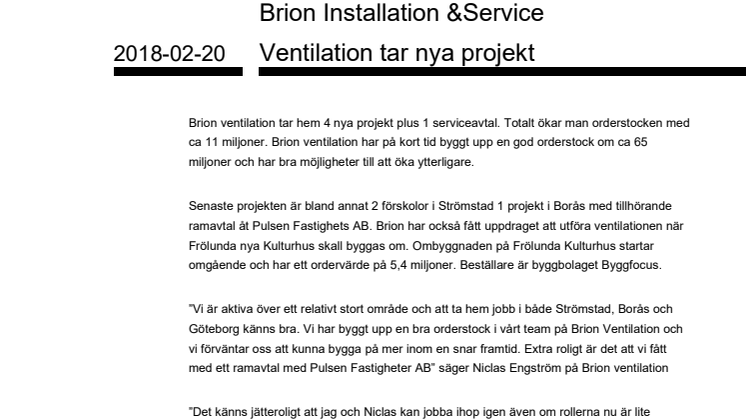 Brion Installation & Service Ventilation tar nya projekt