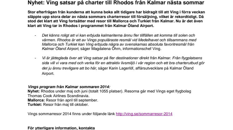  Ving satsar på charter till Rhodos från Kalmar nästa sommar 