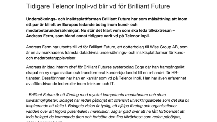 Tidigare Telenor Inpli-vd blir vd för Brilliant Future