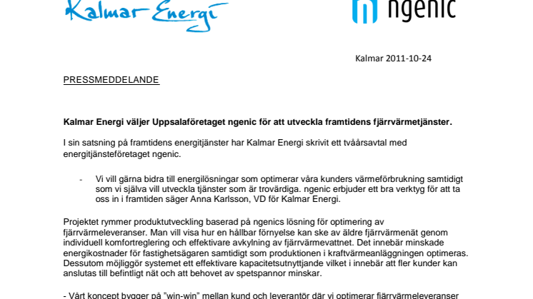 Kalmar Energi väljer Uppsalaföretaget ngenic för att utveckla framtidens fjärrvärmetjänster.