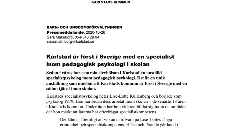 Karlstad är först i Sverige med en specialist inom pedagogisk psykologi i skolan 