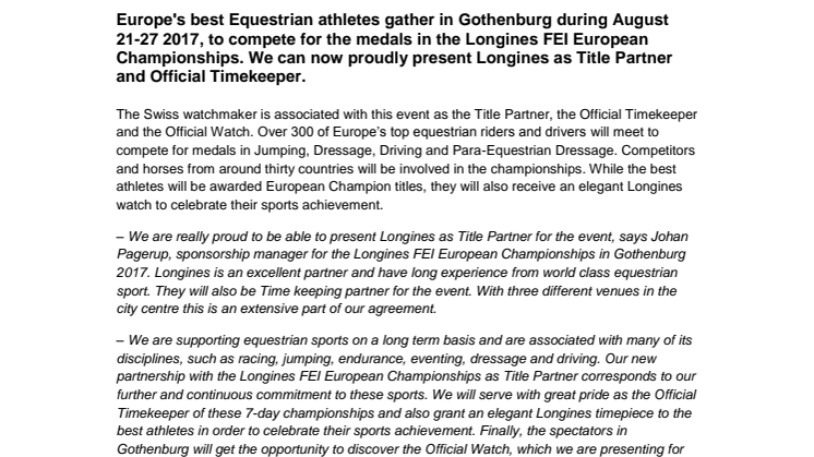 Longines new Title Partner for Longines FEI European Championships Gothenburg 2017