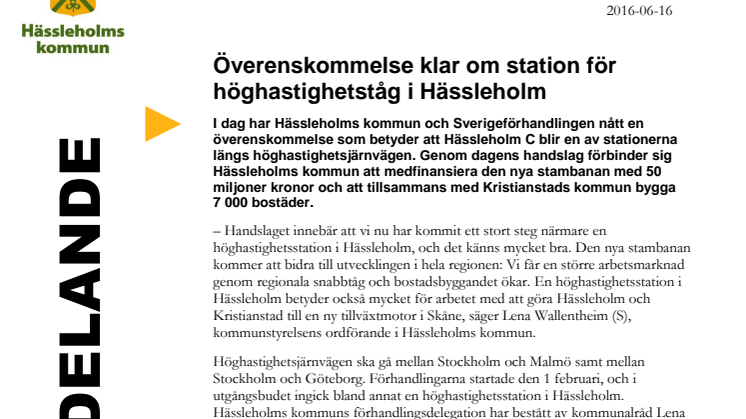 Överenskommelse klar om station för höghastighetståg i Hässleholm