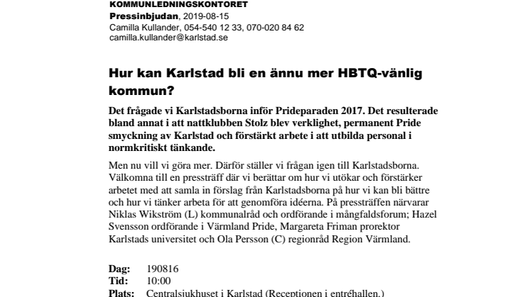 Pressinbjudan: Hur kan Karlstad bli en ännu mer HBTQ-vänlig kommun?