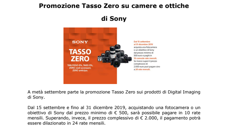 Promozione Tasso Zero su camere e ottiche  di Sony
