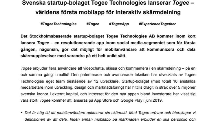 Svenska startup-bolaget Togee Technologies lanserar Togee – världens första mobilapp för interaktiv skärmdelning