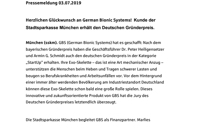 Herzlichen Glückwunsch an German Bionic Systems!  Kunde der Stadtsparkasse München erhält den Deutschen Gründerpreis.