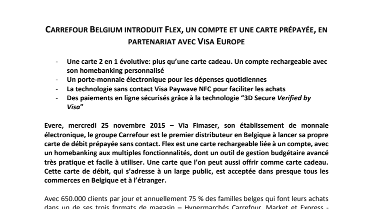 ​Carrefour Belgium introduit Flex, un compte et une carte prépayée, en partenariat avec Visa Europe
