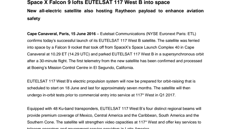 SpaceX Falcon 9 lofts EUTELSAT 117 West B into space