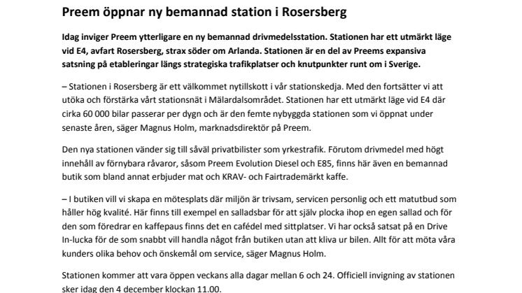 Preem öppnar ny bemannad station i Rosersberg