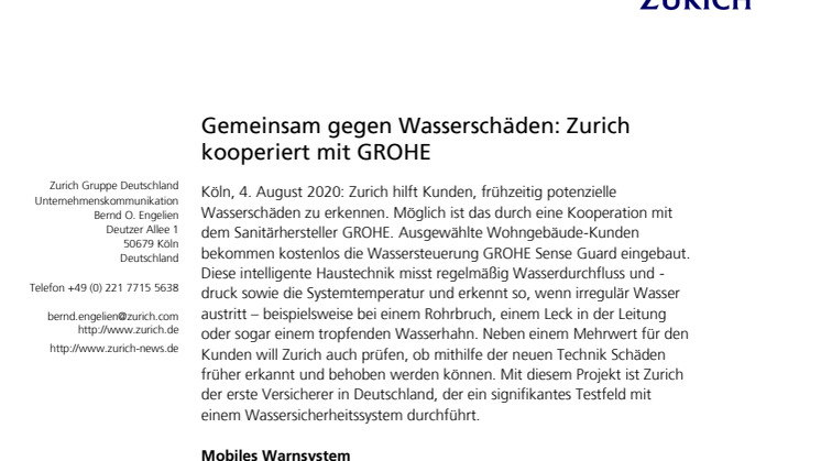 Gemeinsam gegen Wasserschäden: Zurich kooperiert mit GROHE