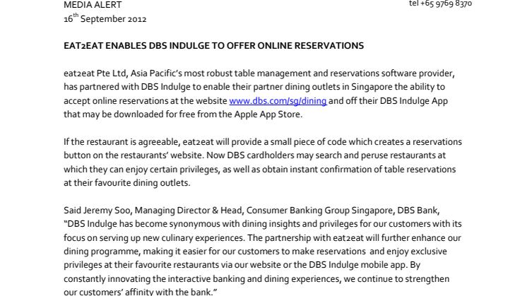 eat2eat Enables DBS Indulge to Offer Online Reservations 