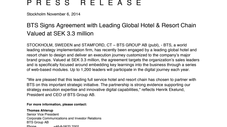 BTS Signs Agreement with Leading Global Hotel & Resort Chain Valued at SEK 3.3 million 