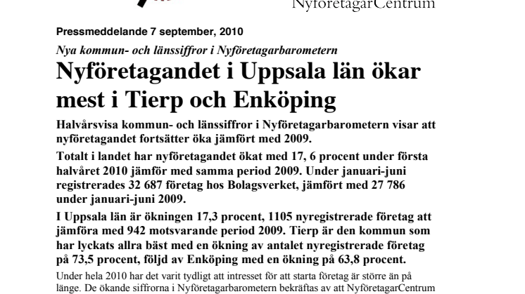 Nyföretagandet i Uppsala län ökar mest i Tierp och Enköping