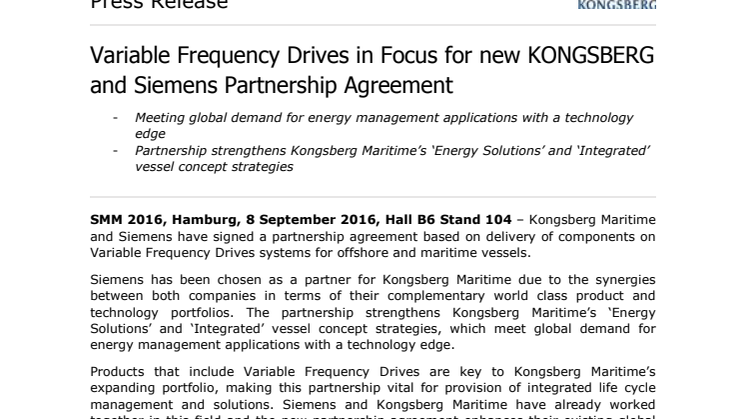Kongsberg Maritime: Variable Frequency Drives in Focus for new KONGSBERG and Siemens Partnership Agreement