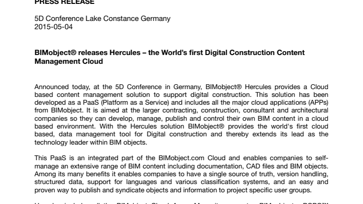 BIMobject® releases Hercules – the World’s first Digital Construction Content Management Cloud