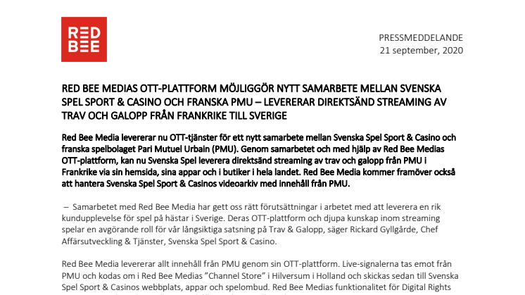 Red Bee Medias OTT-plattform möjliggör nytt samarbete mellan Svenska Spel Sport & Casino och Franska PMU - Levererar direktsänd streaming av trav och galopp från Frankrike till Sverige