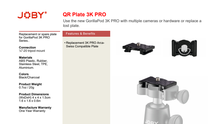 Joby GorillaPod 3K Pro QR plate datasheet