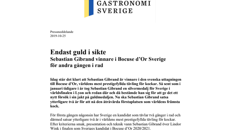 Sebastian Gibrand vinnare i Bocuse d'Or Sverige 2019