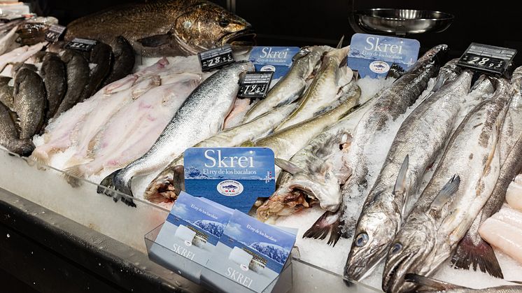 Skreien var godt synlig i fiskediskene rundt om i Europa. Her fra Spania. Totalt ble det eksportert 4 212 tonn skrei fra Norge under årets skreisesong, til en verdi av 282 millioner kroner. Foto: Norges sjømatråd