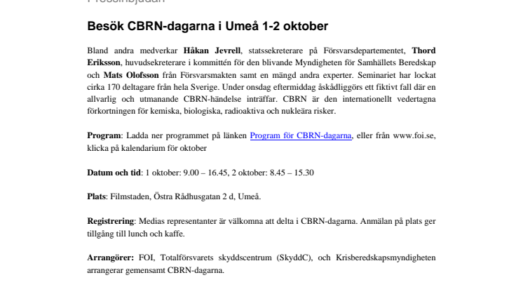 Pressinbjudan: Besök CBRN-dagarna i Umeå 1-2 oktober