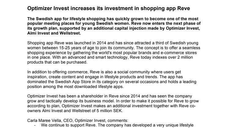 Optimizer Invest increases its investment in shopping app Reve