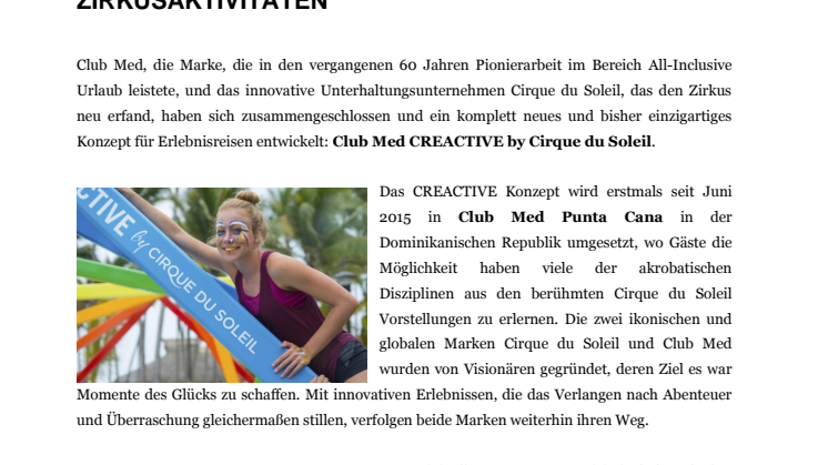 FACT: Club Med und Cirque du Soleil bieten einzigartige & erlebnisreiche Zirkusaktivitäten