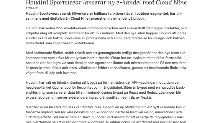 Houdini Sportswear lanserar ny e-handel med Cloud Nine